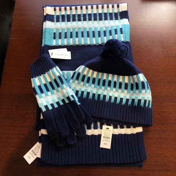 NWT TALBOTS SET OF 3 Blue Fair Isle Scarf, Gloves & Cap - Picture 2 of 9